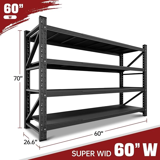 RAVIGIN 5000LBS Storage Shelves,60" W Garage Shelving Heavy Duty Metal Adjustable Garage Shelves, Shelving Units Industrial Shelving for Warehouse,60" W x 24" D x 70" H,Black