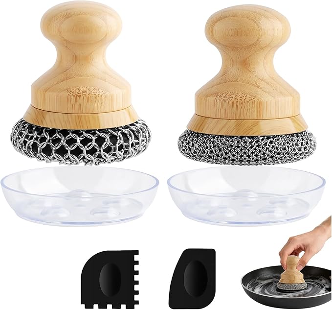 Beeptrum Cast Iron Scrubber and Scraper,Chain Mail Cleaner with Bamboo Handle & Draining Tray,316 Stainless Steel Brush for Cleaning Pots,Pans,Wok,Bakeware,Griddles, Grills(Small&Large ChainMail,2pcs)
