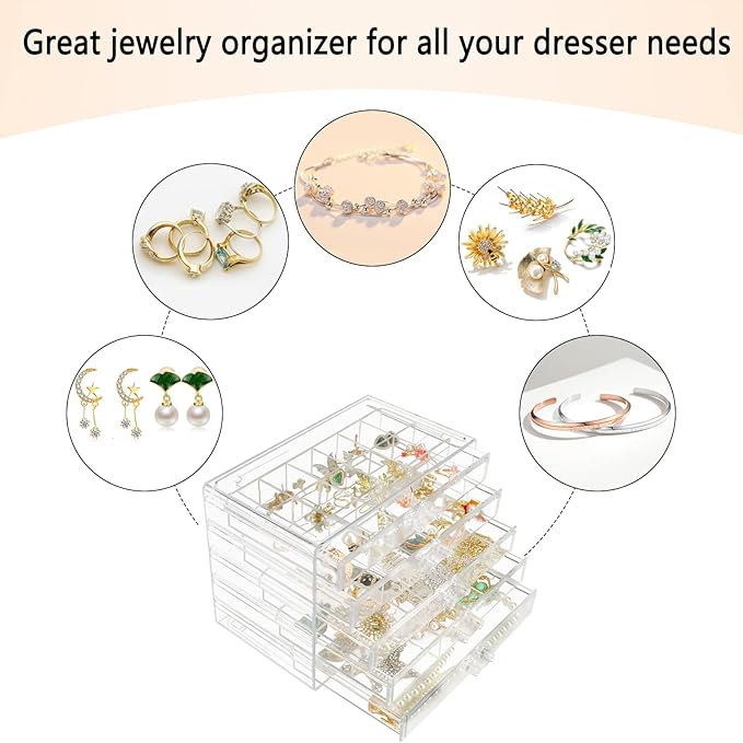Weiai Clear Acrylic Jewelry Organizer, 90 Grids Adjustable Dividers Earrings Rings Storage Box