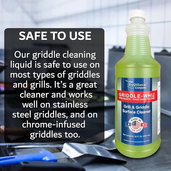 Griddle-Whiz Grill & Griddle Cleaner | Removes Grease, Food Residue, Burnt On Organics | Non-Toxic High Heat Flat Top Grill Cleaner & Food Contact Surface | Non-Caustic Formula by FryOilSaver (32oz)