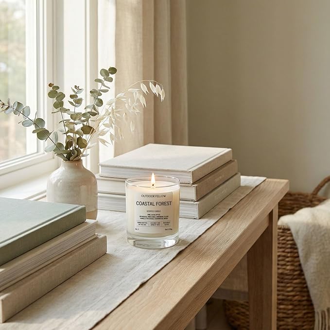 Outdoor Fellow Coastal Forest Scented Candle, 8oz, Coconut & Apricot Wax Blend, Pine, Eucalyptus, Cedarwood, Reusable Glass, 40-50 Hour Burn Time