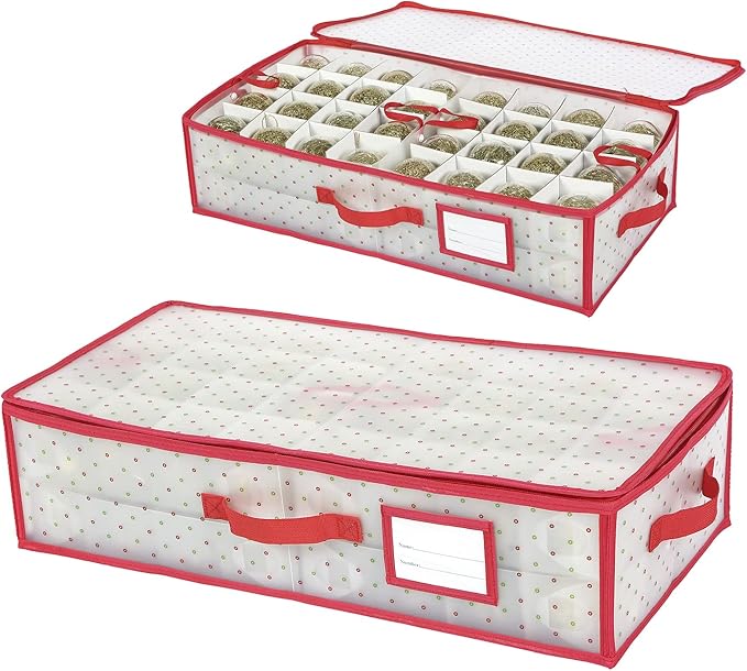 Sattiyrch Plastic Christmas Ornament Storage Box with Trays,Customizable Dividers, Dust-Proof Durable Ornament Organizer Holder,Christmas Storage Containers,Holds 64 x 3 Ornaments,Underbed