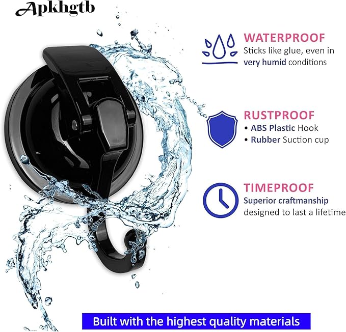 Suction Cup Hooks for Shower, Bathroom, Kitchen, Glass Door, Mirror, Tile – Loofah, Towel, Coat, Bath Robe Hook Holder for Hanging – Waterproof Wreath Hanger (2, Black)