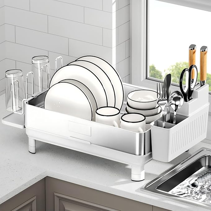 Ewaiira Dish Drying Rack, 304 Stainless Steel Dish Racks for Kitchen Counter, Dish Drainers with Automatic Drainage, Utensil Holder & Cups Holder, Space Saving Kitchen Organizer, White