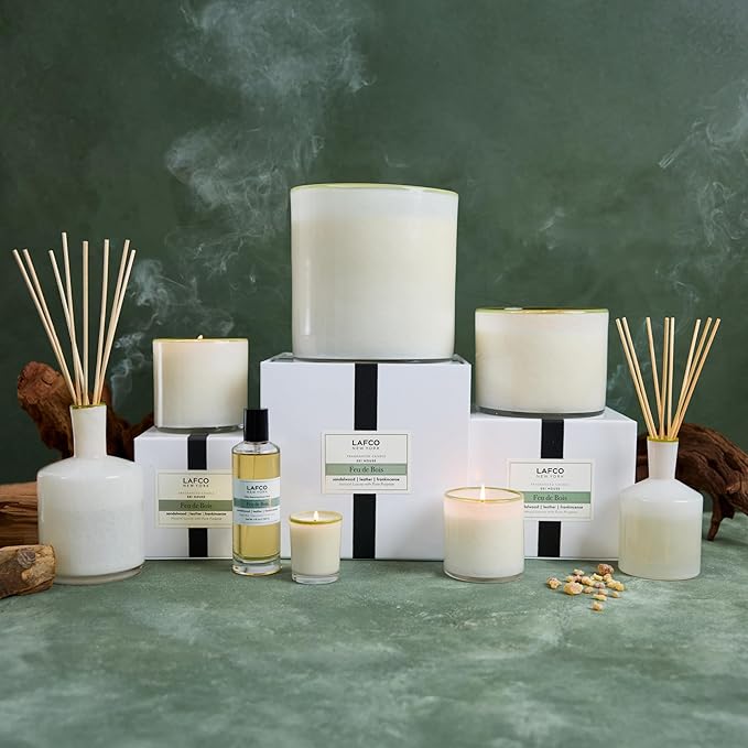 LAFCO New York Signature Reed Diffuser, Feu de Bois - 15 oz - Up to 9 Months Fragrance Life - Reusable, Hand Blown Glass Vessel - Natural Wood Reeds - Made in The USA