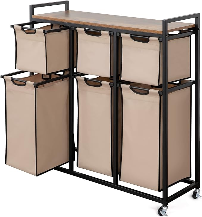 Laundry Basket Organizer, Hampers for Laundry 6 Compartments, Laundry Hamper with 6 Sliding Laundry Sorter Bags, Top Storage Shelf, and Metal Frame (6 Compartments)