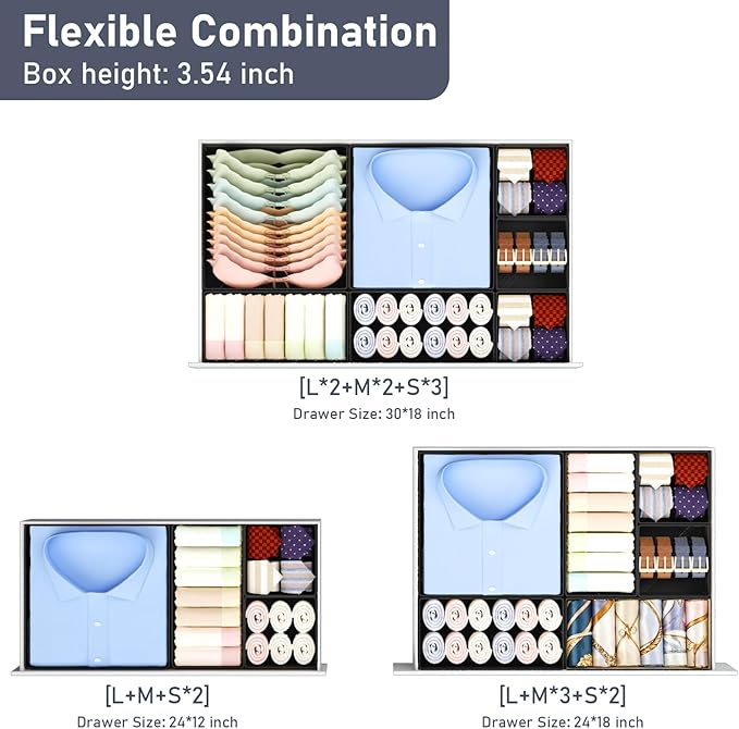 DIMJ Drawer Organizer Clothes, 30 Pack Dresser Organizer, Foldable Closet Organizers and Storage, Fabric Dresser Bins, Drawer Dividers for Nursery, Baby Clothes, Underwears, Sock,Black