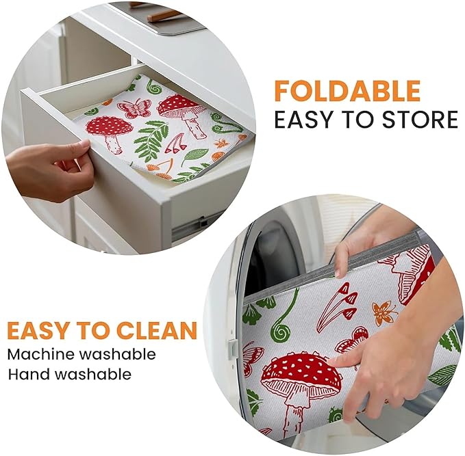 Dish Drying Mat For Kitchen Counter, Red Mushroom Microfiber Absorbent Dish Drainer Rack Pad Reusable Large 18x24in Drying Mat