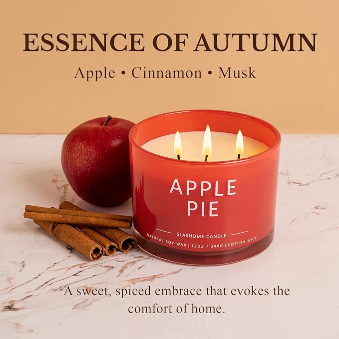 Apple Pie Scented Candle, Luxury Large 3 Wick Soy Candle 12 Oz, 60+ Hour Long Lasting Clean Burn, Elegant Aromatherapy Home Decor, Housewarming & Birthday Gift for Men & Women
