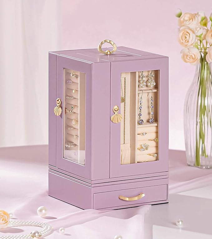 Jewelry Box large for Dresser: Women Necklace Ring Storage Organizer with Compartments - Elegant Earring Holder Display (Grey Purple)