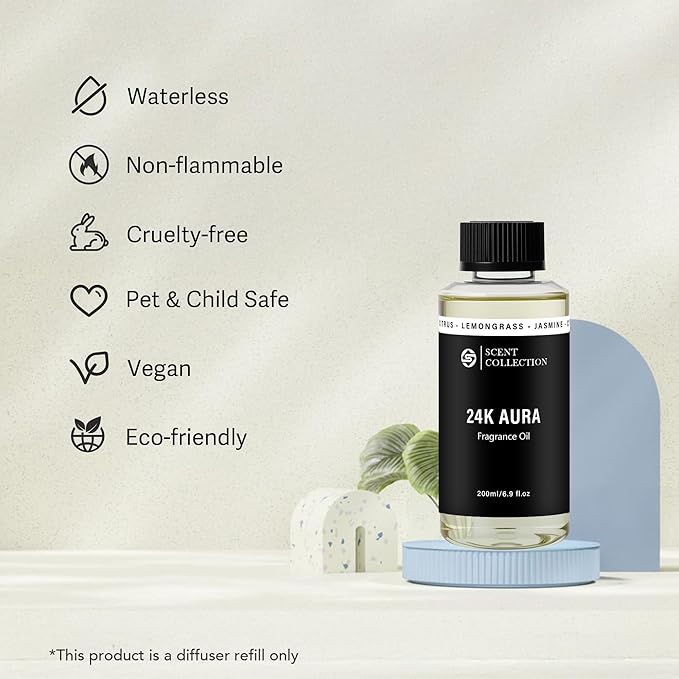 Luxury Hotel Scent 24K Aura Diffuser Oil Waterless Essential Aromatherapy for Cold Air & Car Diffusers – Long Lasting Refill for Large Room & Home - Non Toxic, Signature Lemongrass (200ml/6.76Fl oz)