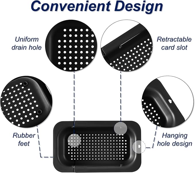 YUNKWONG Extendable Sink Colander Strainer Basket - Wash Vegetables and Fruits, Drain Cooked Pasta and Dry Dishes - Adjustable Over the Sink Colander Collapsible Drainer Basket - Black
