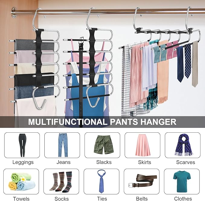 Besslly Upgrade 6 Layers Pants Hangers Space Saving, 2 Pack Stainless Steel Multifunctional Rack Non Slip S-Type Pant Closet Organizer Saver for Leggings Jeans Trousers Scarf, Black