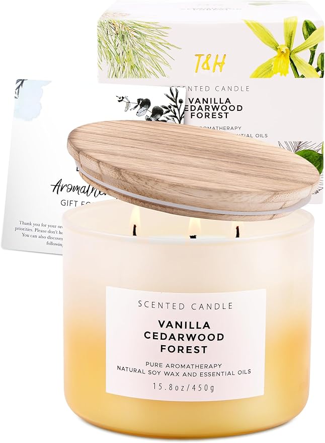 Vanilla Cedarwood Candle 3 Wick Soy Candles for Home Scented, Large 15.8oz Warm Cozy Vanilla Cedar Woods, Relaxing Aromatherapy Candle, Long Lasting Clean Burn, Living Room Bedroom Spa Gift