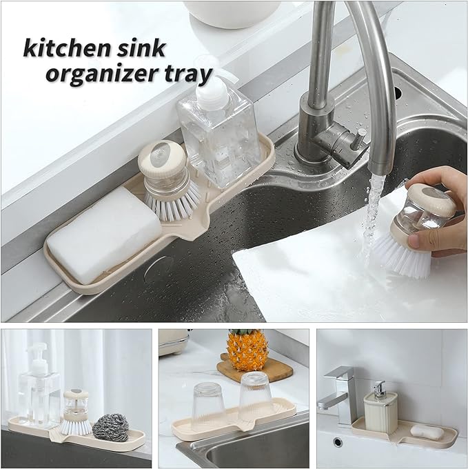MicoYang Silicone Bathroom Soap Dishes with Drain Spout-Bathroom and Kitchen Sink Organizer,Sponge Holder,Dish Soap Tray,Perfect for Dispenser,Scrubber,Bottle,Cup on Sink or Counter-Tapioca 12"×4"