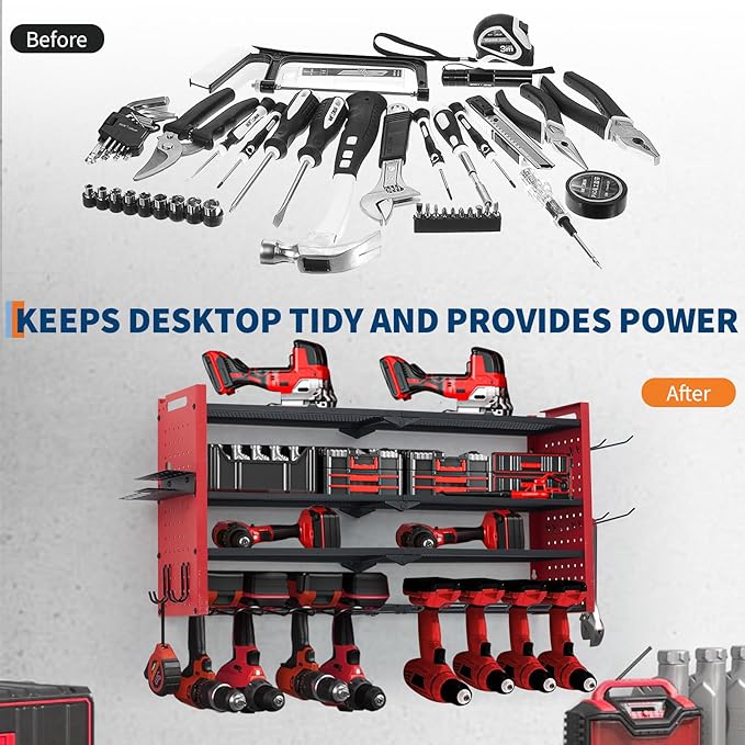 Festisoul Heavy Duty Wall Mount Tool Organizer Rack, 4-Tier Metal Garage Storage with 8 Drill Slots & Hooks, 240 Lbs Capacity Power Tool Organizer for Workshop, Garage, Gift for Men
