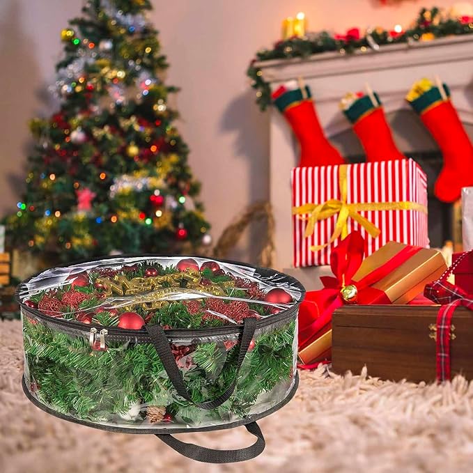 QISF 2 Pack 30X8 Inch Wreath Storage Bag, Christmas Wreath Clear Storage Container with Dual Zippered and Reinforced Handle for Xmas Holiday Seasonal Wreath Garland