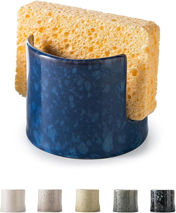 Zoeeker Kitchen Sponge Holder, Ceramic Sponge Organizer Scrubby Holder Sink Caddy Dish Rack for Kitchen and Bathroom, Farmhouse Decor, Blue