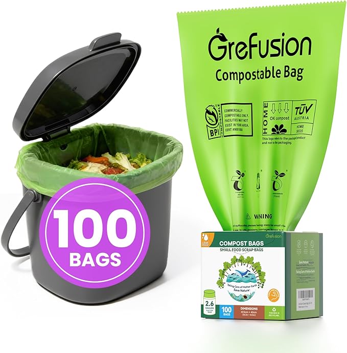 GreFusion 2.6 Gallon Compostable Trash Bags, 100 Count, Extra Thick 0.71 Mil, Certified by BPI and ASTM D6400, Perfect Fit for Small Trash Cans