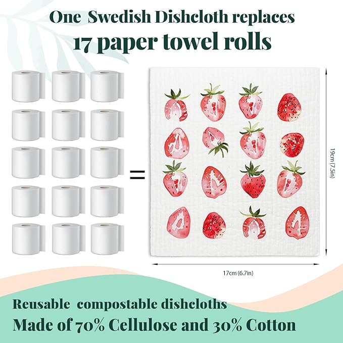 LARTSFRO Strawberries Swedish Dishcloths for Kitchen, Pink Swedish Dish Cloths for Friut, Papaya Reusable Paper Towels, 4 Pack Cleaning Cloth for Kitchen, Reusable Paper Towels Washable