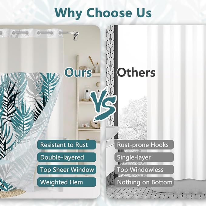 TQUQOBU No Hook Boho Dark Emerald Leaves Shower Curtain with Liner, Waterproof Washable Fabric Shower Curtain, Modern Abstract Botanical Decorative Bathroom Curtains with Top Sheer Window, 71x74 Inch