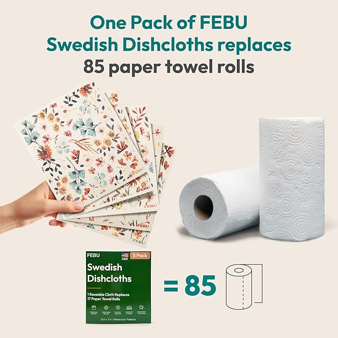 FEBU Swedish Dishcloths for Kitchen | 5 Pack Faded Summer Reusable Paper Towels Washable | Swedish Dish Towels | Non-Scratch Cellulose Sponge Cloths | No Odor, Biodegradable Cleaning Cloths