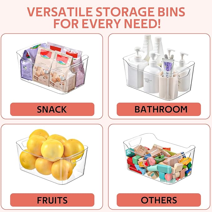 AntStep Clear Plastic Storage Bins - 12 Pack Pantry Organizers and Storage,Large Clear Pantry Organizer Bins, Plastic Containers with Handle for Kitchen,Freezer,Cabinet,Closet,Bathroom Under Sink