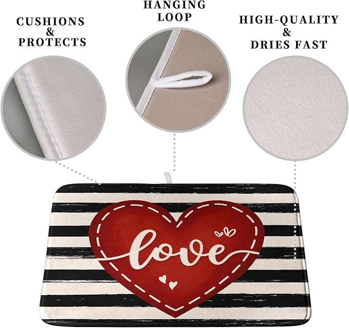 Kwlegh Valentine's Day Dish Drying Mat for Kitchen Counter 18x24 Black White Stripes Red Love Heart Dishes Drainer Mats Absorbent Dish Pad Large Dish Draining Mat for Coffee Bar