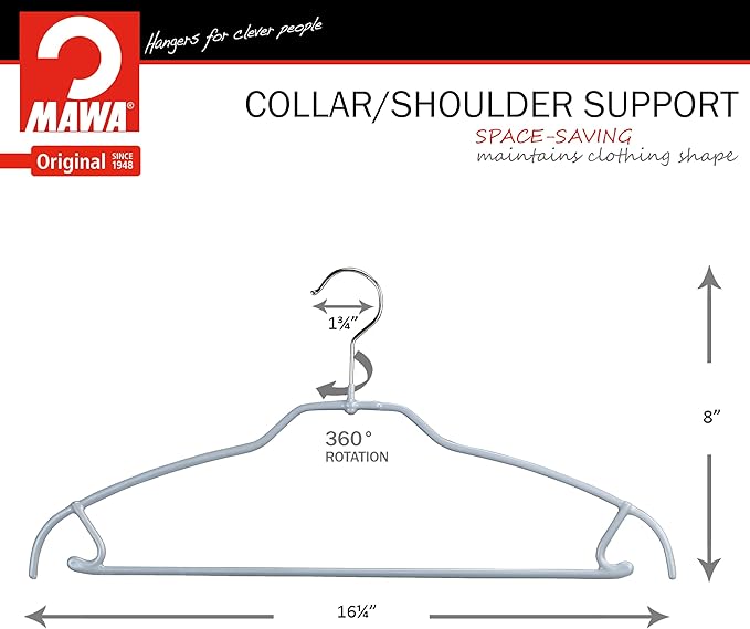 Mawa by Reston Lloyd Silhouette Ultra-Thin Series, Non-Slip Space Saving Shirt Hanger with Pant Bar & Skirt Hooks, Style 42/FTU, Pack of 2, Silver