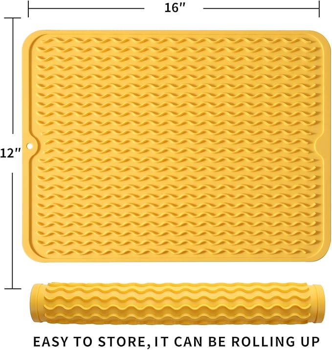 MicoYang Silicone Dish Drying Mat for Multiple Usage,Easy clean,Eco-friendly,Heat-resistant Silicone Mat for Kitchen Counter or Sink,Refrigerator or drawer liner Yellow L 16 inches x 12 inches
