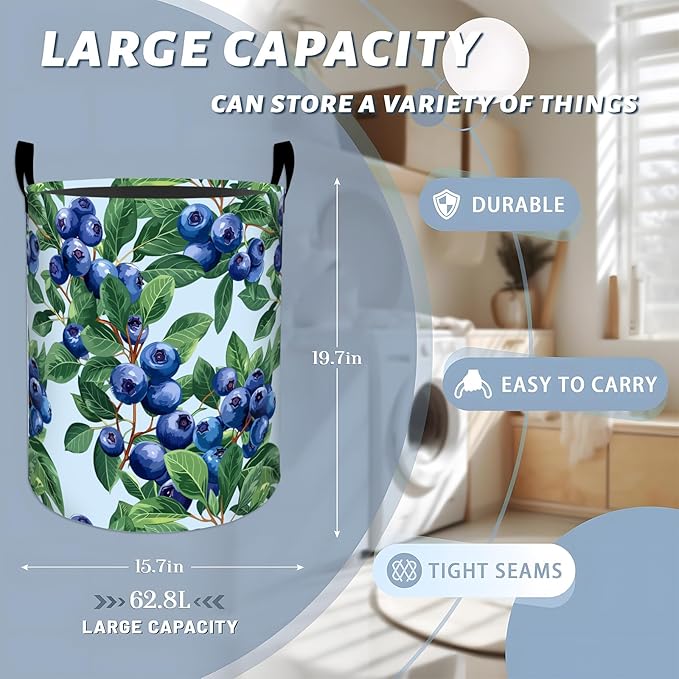Fresh Blueberry and Green Leaves Laundry Basket with Handles, 19.7"x15.7" Clothes Foldable Laundry Hamper Organizer for Dorm Nursery Bedroom Bathroom Decor, Toy Storage Bin for Kids