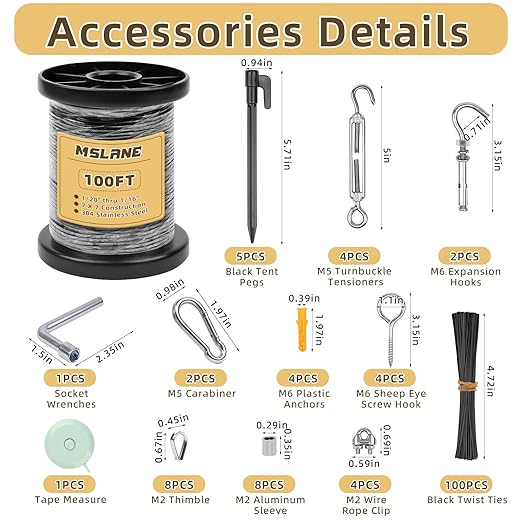 MSLANE 1/16" Black Wire Rope Kit 100FT 304 Stainless Steel Vinyl Coated with M5 Turnbuckles, 7x7 Strand Core Aircraft Cable for String Light, Picture Hanging, Clothesline, Curtain, and Plant Trellis