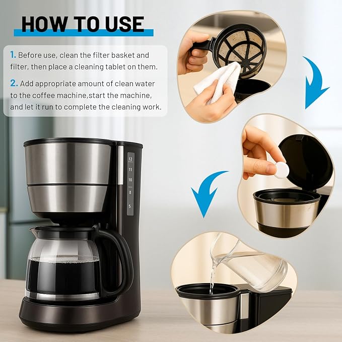 Apsumor Coffee Machine Cleaner Descaler Tablets - 12 Count, Descaling & Deodorizing for All Coffee Makers, Deep Cleans, Non-Toxic