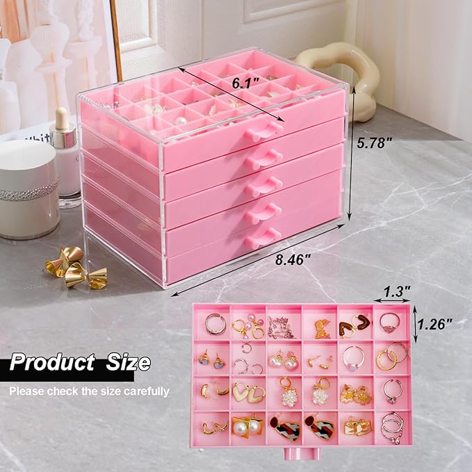 Earring Storage Box Organizer, Acrylic Jewelry Storage Box Holder 5 Drawers Transparent Jewelry Display Stand with 120 Small Compartments Gift Boxes for Women Girls (Pink)