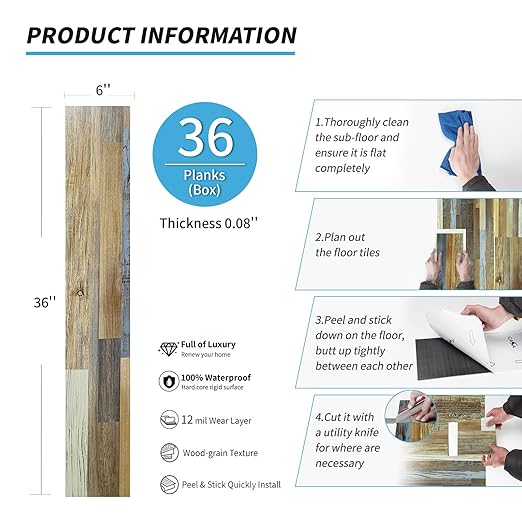 Art3d 36-Pack 54 Sq.ft Peel and Stick Floor Tiles Vinyl Plank Flooring Wood Look, Adhesive and Waterproof Tile Sticker for Bedroom, Living Room, Kitchen, RV in Aspen Yellow