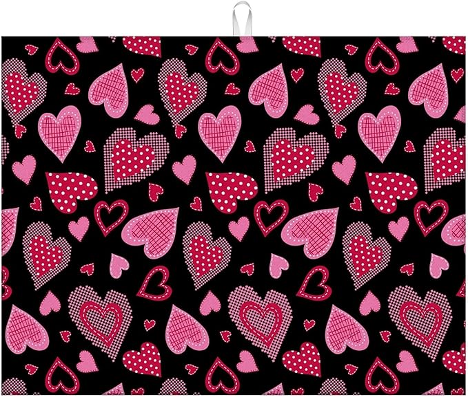 Dish Drying Mat For Kitchen Counter, Pink Love Heart Microfiber Absorbent Dish Drainer Rack Pad Reusable Large 18x24in Drying Mat