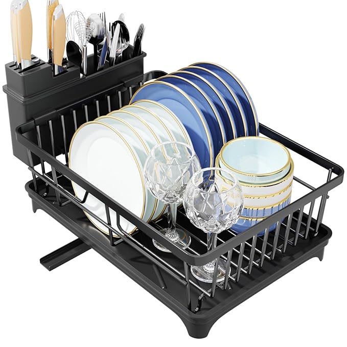 Storico Dish Drying Rack - Space-Saving Dish Rack, Sink Dish Rack for Kitchen Counter, Rustproof Dish Drainer Organizer with Utensil Holder, Black