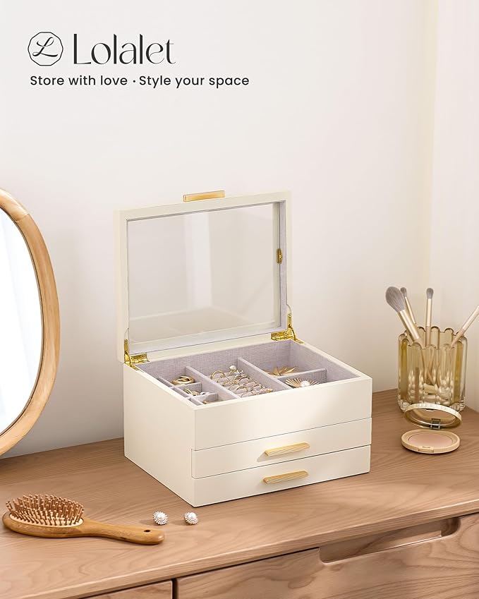 Lolalet Jewelry Box, Clear Window Wood Grain Jewelry Storage for Earrings Bracelets Necklaces Rings, High Capacity Organizer for Women -Beige, 3 Layers