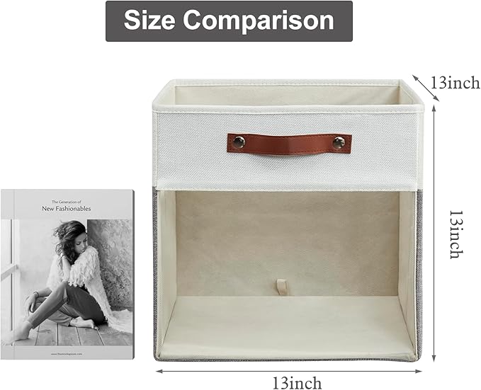 Storage Cubes, 4 Pack Linen Foldable Storage Bins (13 x 13 inch) with Clear Window and 2 Handles, Closet Organizers and Storage for Shelf Closet, Clothes, Books - (Gray and White)