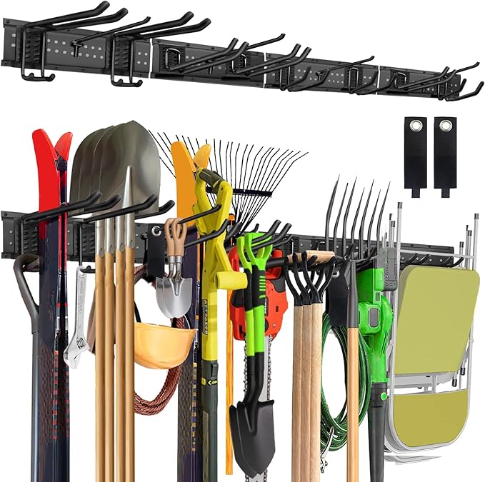 64-Inch Garage Storage Tool Organizer Wall Mount, Heavy Duty Garage Organization Metal Rack with 12 Hooks, Garden Tool Hanger Holder for Broom, Shovels, Ladders, Lawn Tools