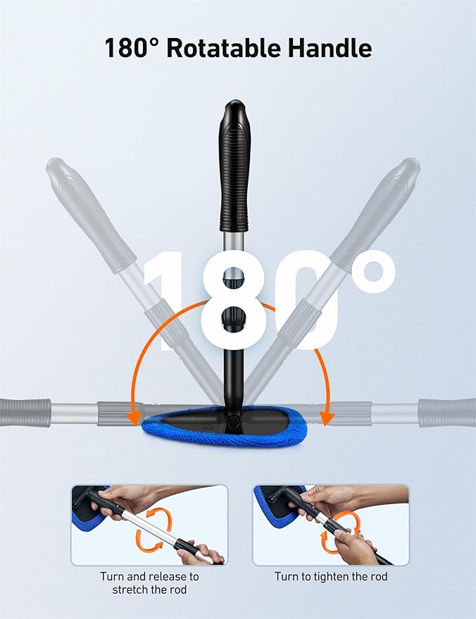 AstroAI Windshield Cleaner Tool, Car Interior Detailing Cleaning Kit with Extendable Handle and 4 Upgraded High-Density Reusable Microfiber Pads, Auto Glass Wiper Brush Kit for Cars, Blue, 15.9in-21in