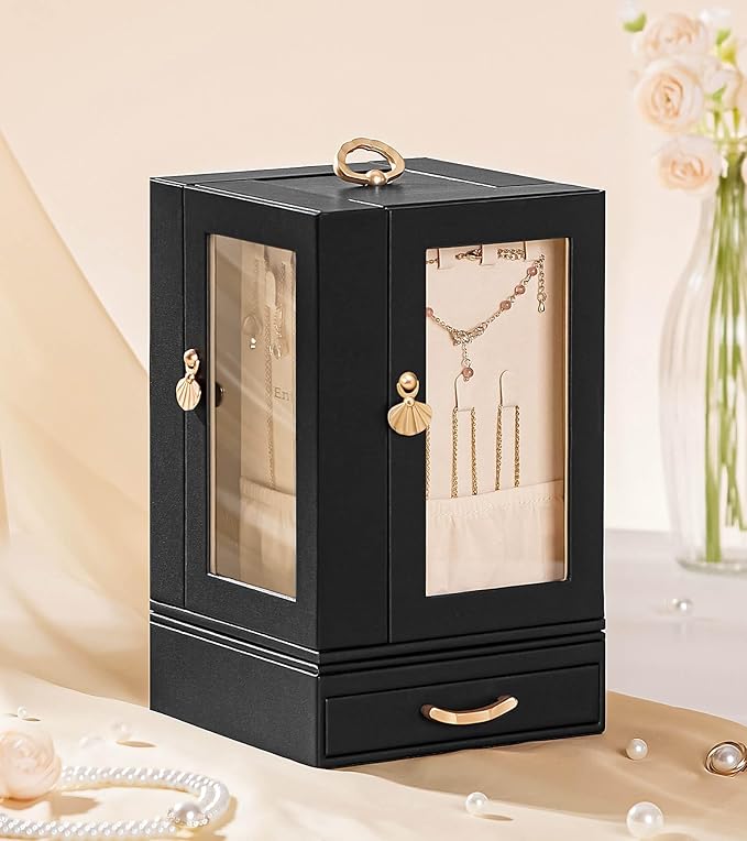 Jewelry Box large for Dresser: Women Necklace Ring Storage Organizer with Compartments - Elegant Earring Holder Display (Black)