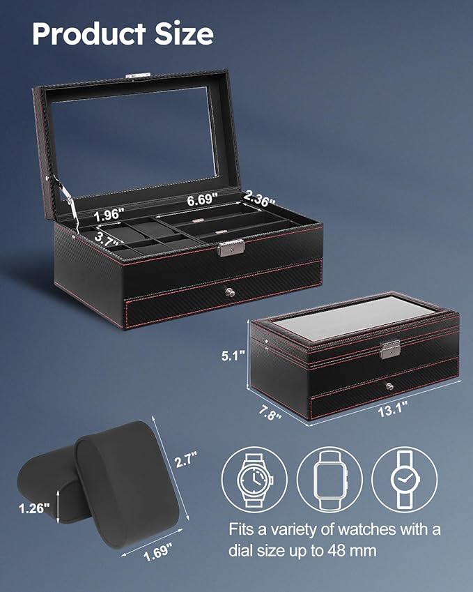 Jenseits Watch Box for Mens Jewelry Box, 6 Slot Watch Case & 3 Slot Sunglasses Organizer, Lockable PU Leather Jewelry Organizer Watch Display Storage W/Drawer For Rings Bracelets, Gift for Men Women
