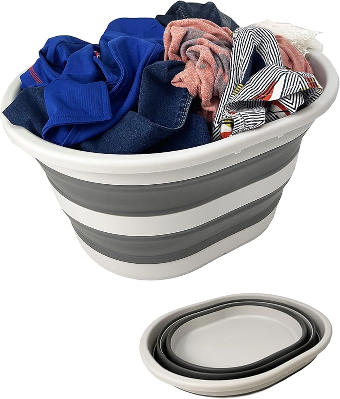 SAMMART 22L (5.8 Gallons) Collapsible Plastic Laundry Basket-Oval Bin/Foldable Storage Container/Pop Up Organizer-Portable Washing Tub-Space Saving Laundry Hamper (1, Grey/Steel Grey)