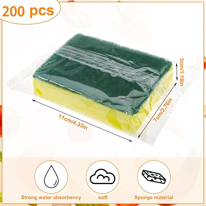 Ovveroche 200 Pcs Individually Wrapped Sponges, Uncompressed Non Scratch Scrouing Sponges for Household Cleaning Dishes Kitchen Airbnb Apartment Car Bike Green