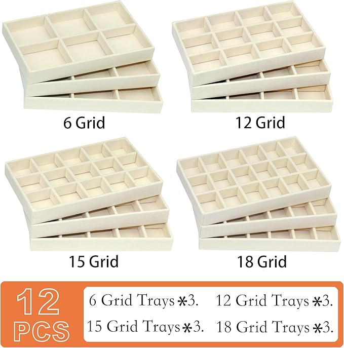 12 Pack Different Jewelry Organizer Trays for Drawer Stackable Adjustable Velvet Jewelry Box Tray Earring Holder Organizer
