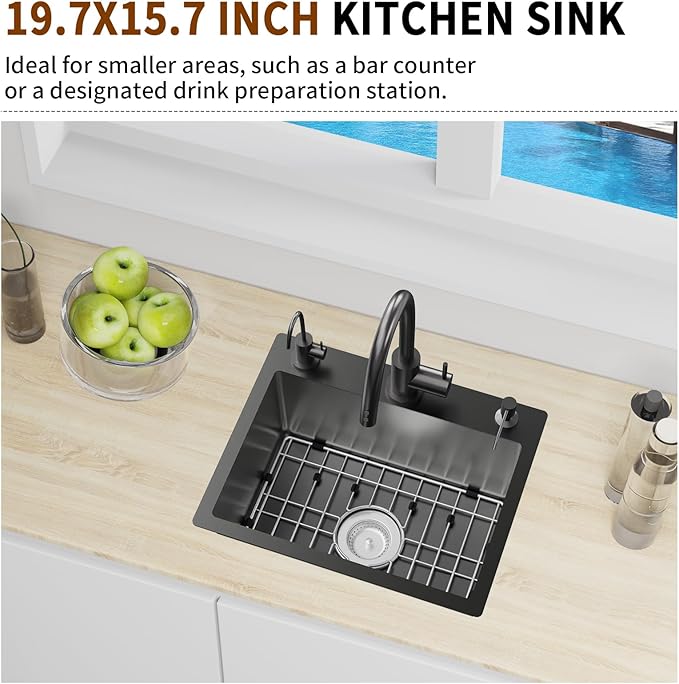 Black 19.7x15.7 Inch Kitchen And Bar Sink - Stainless Steel Drop In Small Single Bowl Kitchen Sink Come With Bottom Grid, Colander And Drain Assembly Set Ideal Choice For Small Spaces Kitchen&Bar