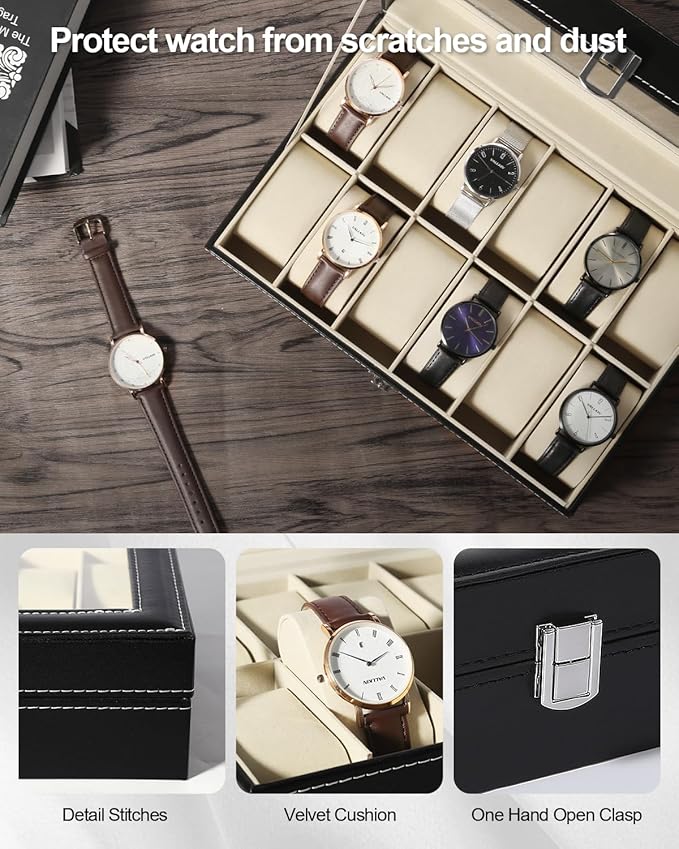 Uten Watch Organizer - 12 Slot PU Case with Glass Lid, Valentine's Day Gift, Watch Display Box with Removable Pillow, Metal Clasp