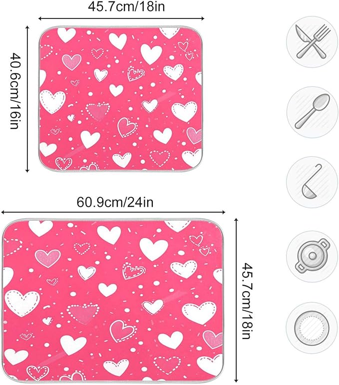 Hot Pink Love Dish Drying Mat for Kitchen Countertop 16x18 Happy Valentine’s Day Heart Small Drying Mat Reusable Quick Dry Dish Sink Mats Easy Clean Decorative Essentials