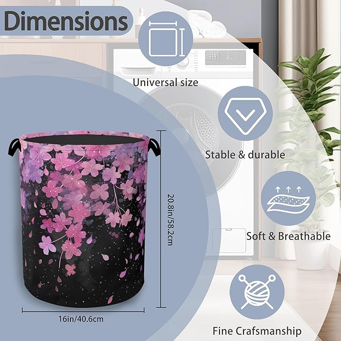 Cherry Blossoms Laundry Basket,Foldable with Handles Tote Bag Oxford Cloth for Bathroom Bedroom Dirty Clothes Storage Bucket 16" x 20.8"